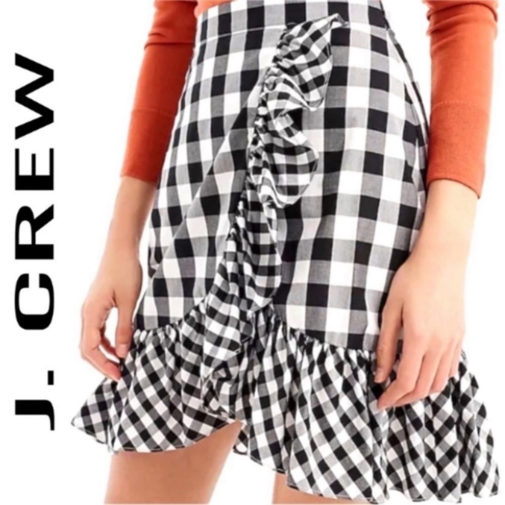 J. Crew Black White Plaid Ruffle Faux Wrap Skirt Women’s Size 8